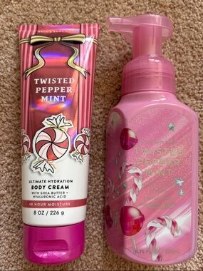 Bath & Body Works Twisted Peppermint Mint Pink Body Cream & Foaming Soap Set